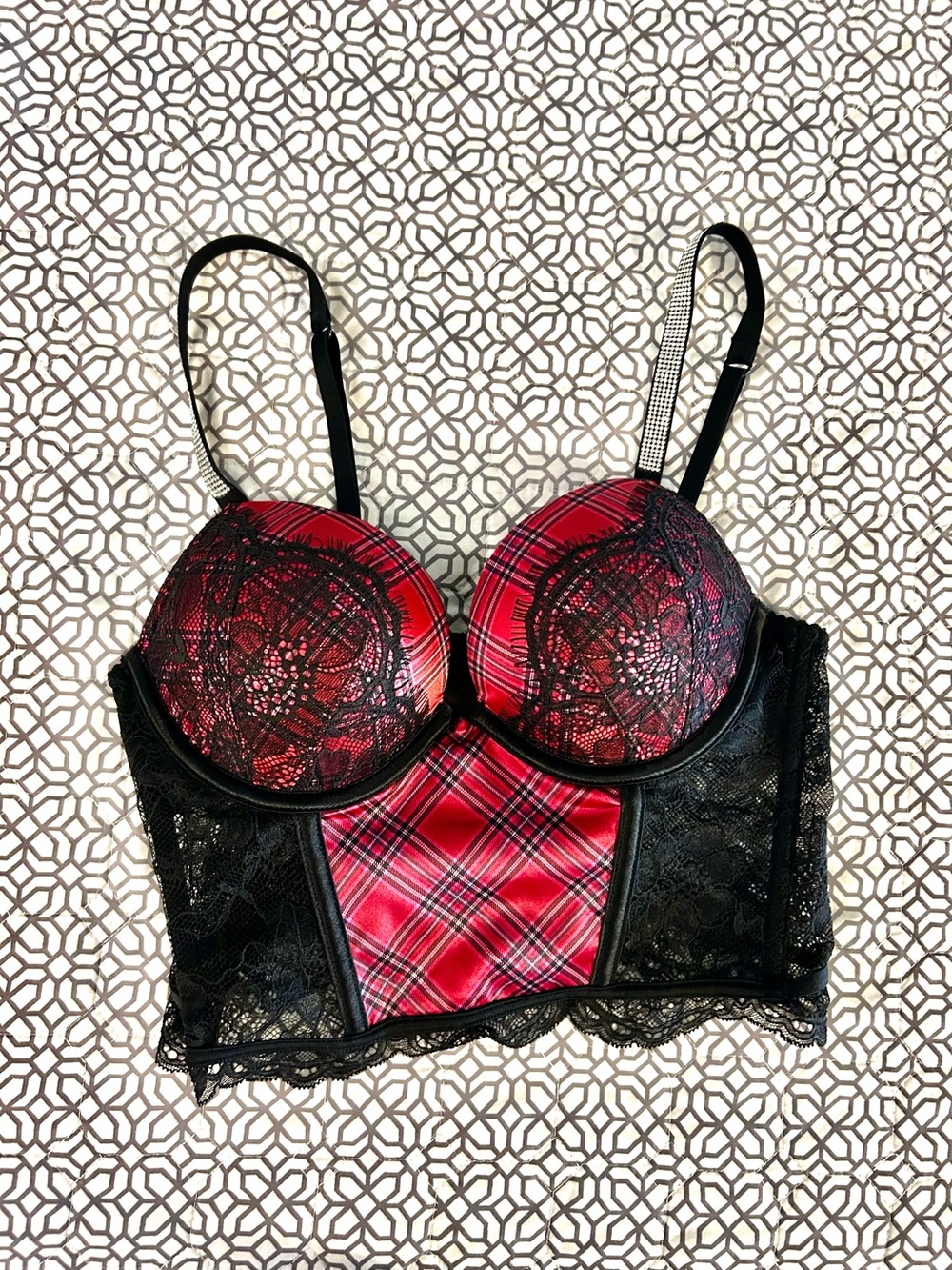 Victoria's Secret Red Plaid Longline Bra with Black Lace Overlay